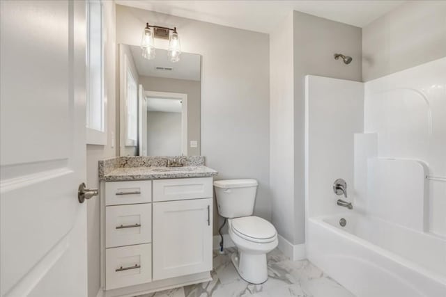 full bathroom featuring vanity, shower / bathtub combination, and toilet