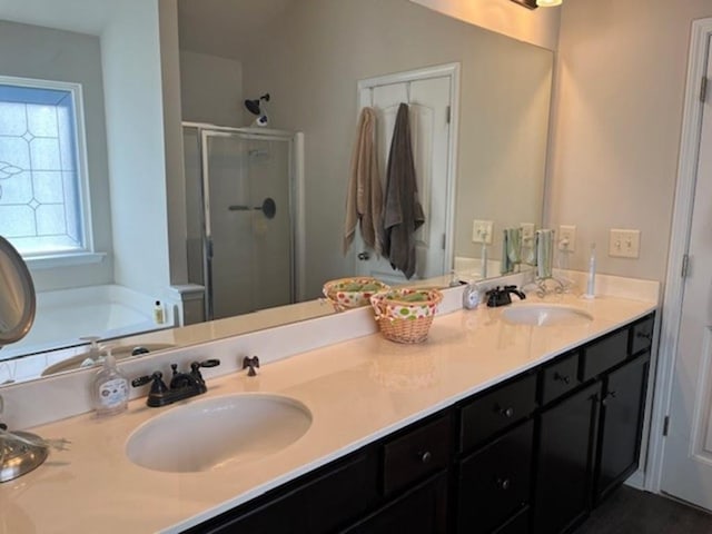 full bathroom featuring double vanity, a sink, and a shower stall