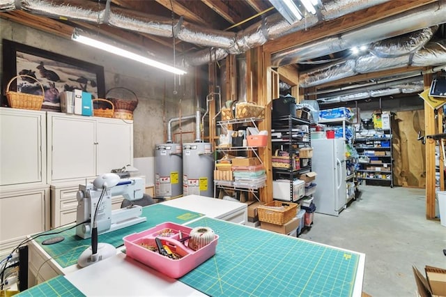 unfinished below grade area featuring water heater, gas water heater, and freestanding refrigerator