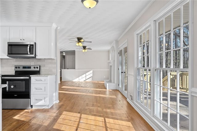 kitchen with crown molding, a healthy amount of sunlight, light wood-type flooring, and stainless steel appliances