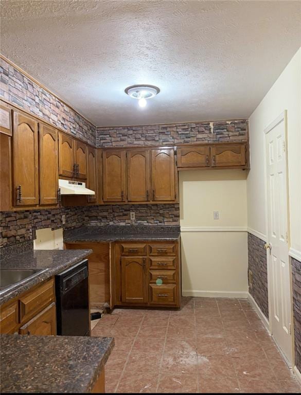 7123 Williamsburg Dr, Riverdale, GA 30274 - kitchen with a textured ceiling, brown cabinets, dishwasher, and dark countertops
