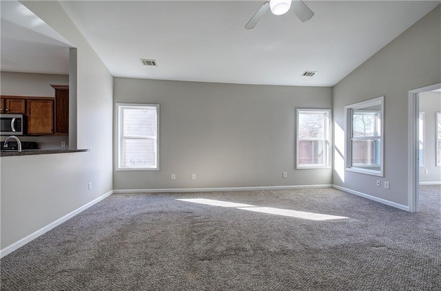 spare room featuring a wealth of natural light, carpet floors, and ceiling fan