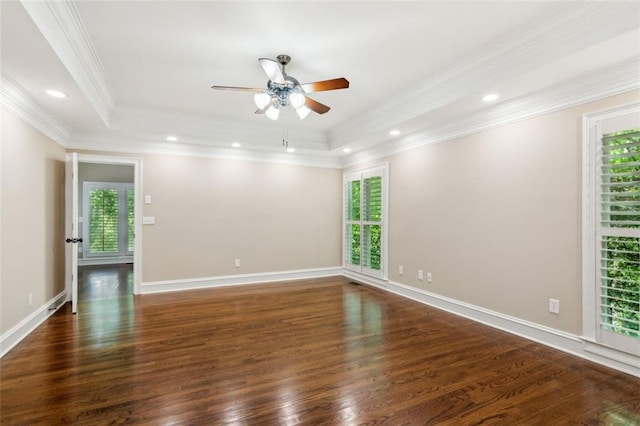 unfurnished room featuring plenty of natural light, ceiling fan, wood finished floors, ornamental molding, and recessed lighting