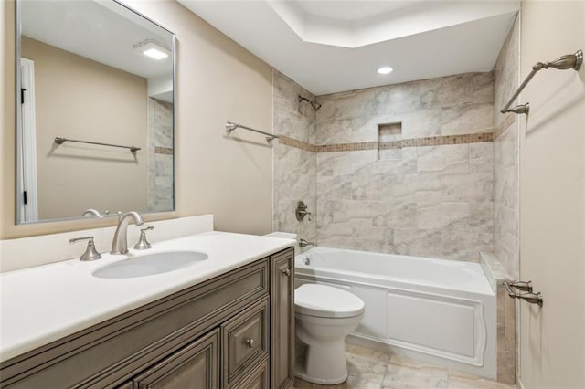 full bathroom with toilet, shower / washtub combination, vanity, and recessed lighting