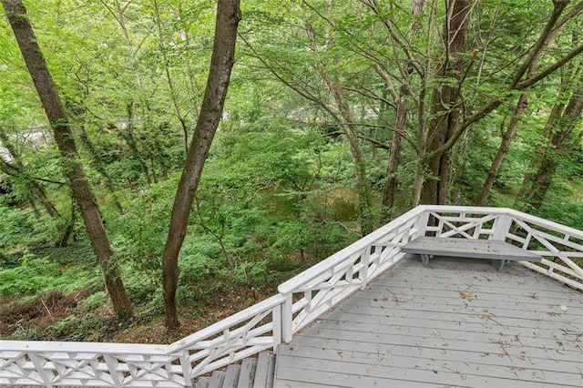 wooden terrace with a wooded view