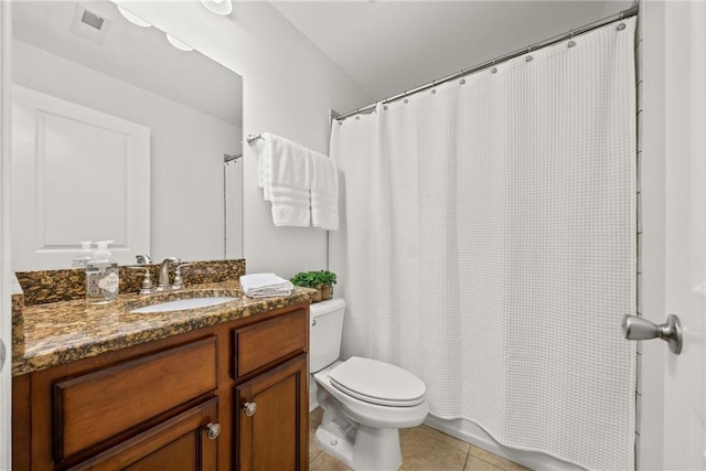 full bathroom with visible vents, a shower with curtain, toilet, tile patterned flooring, and vanity