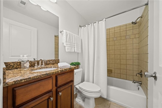 full bathroom featuring visible vents, toilet, tile patterned flooring, shower / bath combination with curtain, and vanity