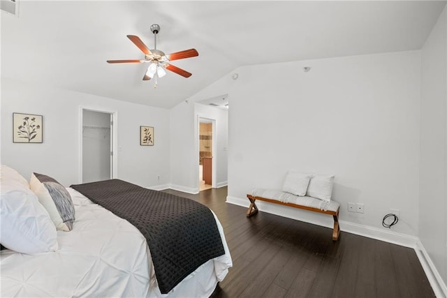 bedroom featuring baseboards, wood finished floors, a ceiling fan, and vaulted ceiling