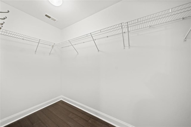 spacious closet featuring dark wood-style floors and visible vents