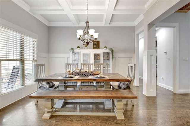 dining space featuring beamed ceiling, a chandelier, a healthy amount of sunlight, and coffered ceiling