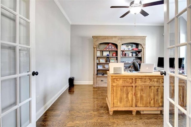 home office featuring ornamental molding, wood finished floors, baseboards, french doors, and a ceiling fan