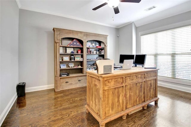 office area featuring baseboards, a ceiling fan, and visible vents