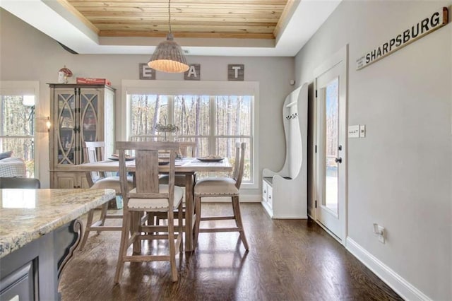 dining space featuring baseboards, dark wood-style flooring, a tray ceiling, and wood ceiling