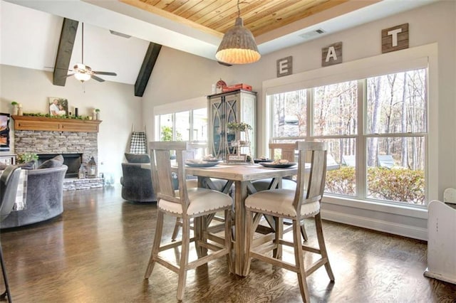 dining space featuring ceiling fan, lofted ceiling with beams, a fireplace, wooden ceiling, and dark wood-style floors