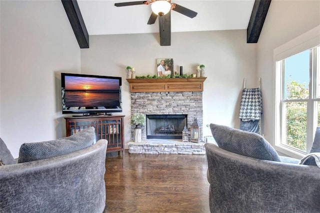 living room featuring a ceiling fan, plenty of natural light, beam ceiling, and wood finished floors
