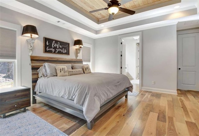 bedroom with crown molding, wood finished floors, baseboards, wood ceiling, and a tray ceiling