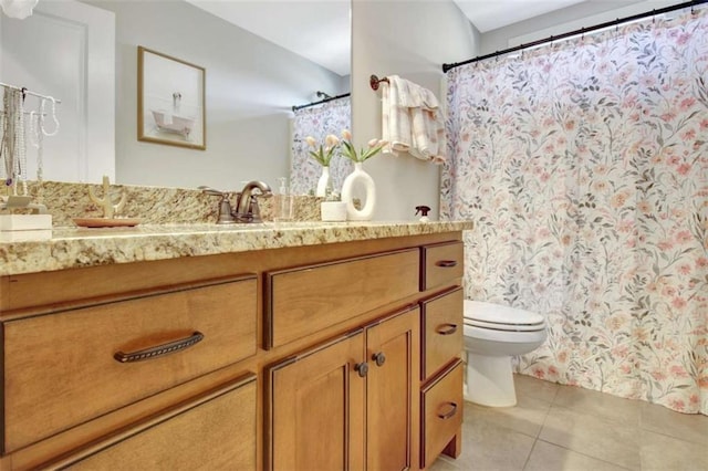 bathroom featuring toilet, tile patterned floors, a shower with shower curtain, and vanity