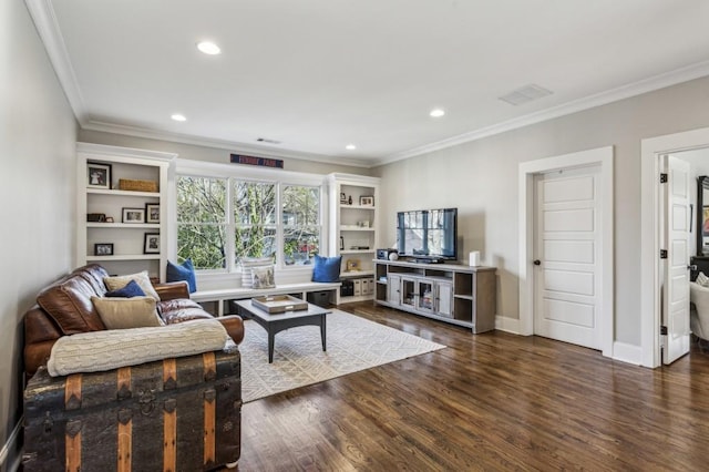 living room with recessed lighting, dark wood-type flooring, baseboards, and ornamental molding