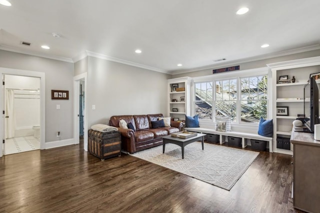 living area featuring recessed lighting, visible vents, dark wood finished floors, and ornamental molding