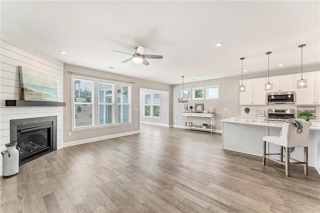 242 Aspen Way, Dallas, GA 30157 - living area with ceiling fan, light wood-type flooring, recessed lighting, and a glass covered fireplace