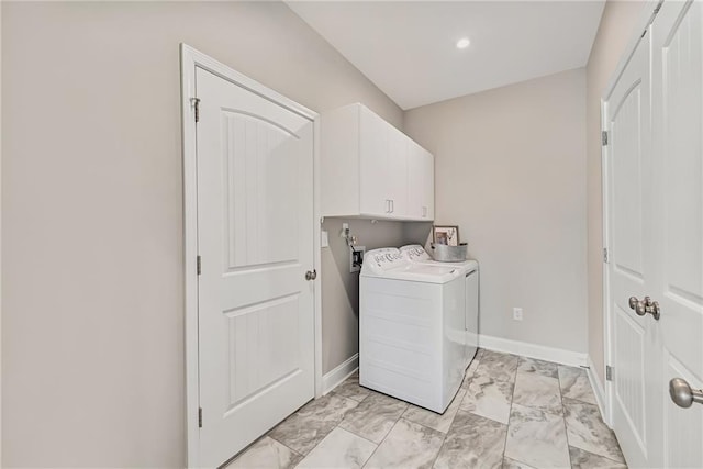 242 Aspen Way, Dallas, GA 30157 - laundry room featuring cabinet space, light marble finish floors, washing machine and clothes dryer, and recessed lighting