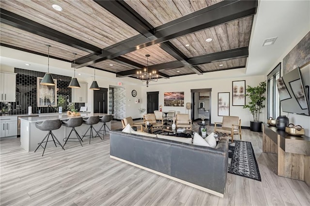 242 Aspen Way, Dallas, GA 30157 - living area with light wood-style floors, beamed ceiling, recessed lighting, and coffered ceiling
