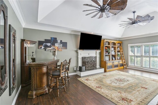 indoor dry bar with crown molding, a fireplace with raised hearth, dark wood-type flooring, baseboards, and a tray ceiling