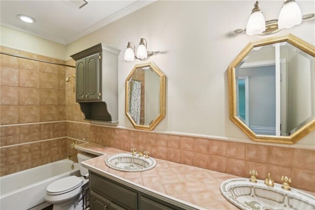 full bathroom featuring toilet, double vanity,  shower combination, tasteful backsplash, and ornamental molding