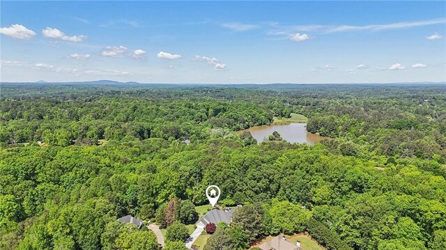 bird's eye view of a heavily wooded area and a large body of water