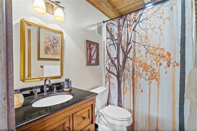 bathroom featuring vanity, a shower with shower curtain, beam ceiling, wood ceiling, and toilet