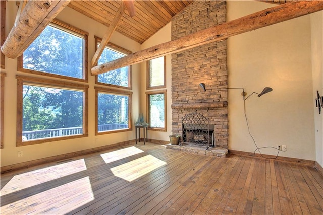 unfurnished living room featuring a fireplace, wood ceiling, high vaulted ceiling, and hardwood / wood-style floors