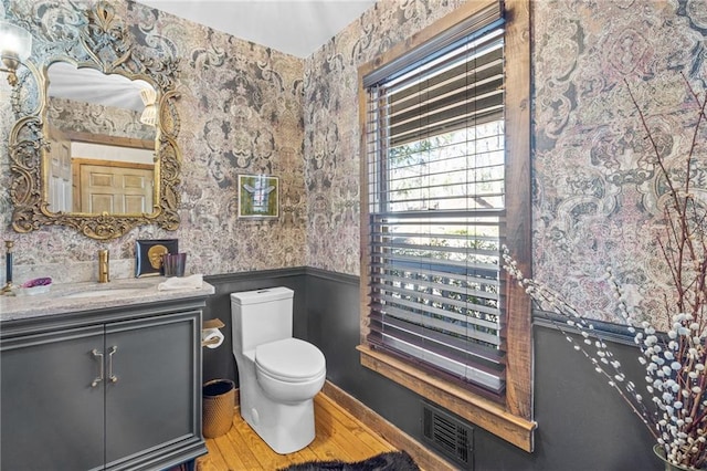 bathroom featuring wood-type flooring, toilet, and vanity