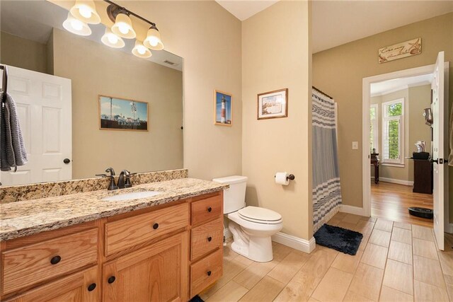 bathroom featuring wood-type flooring, vanity, toilet, and a shower with shower curtain