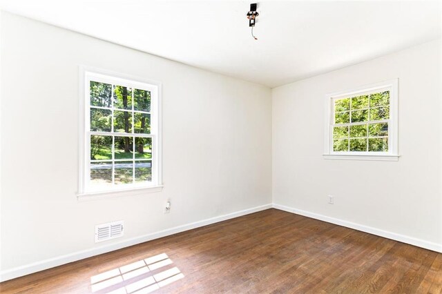 empty room featuring a healthy amount of sunlight and dark hardwood / wood-style flooring