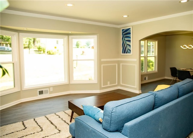 living room with crown molding and wood-type flooring