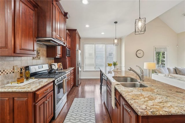 kitchen featuring a healthy amount of sunlight, dark wood-style flooring, appliances with stainless steel finishes, and a sink