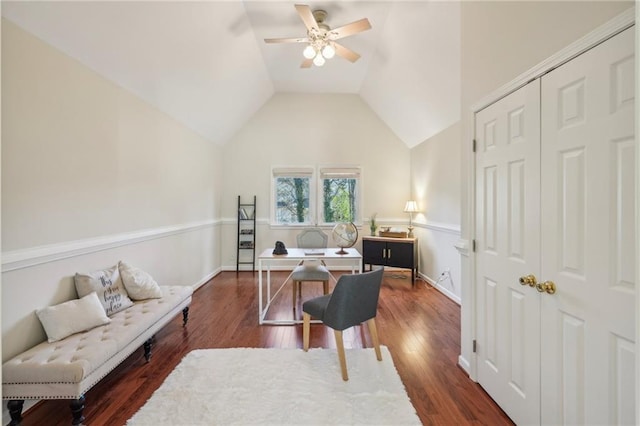 office featuring vaulted ceiling, wood finished floors, and ceiling fan