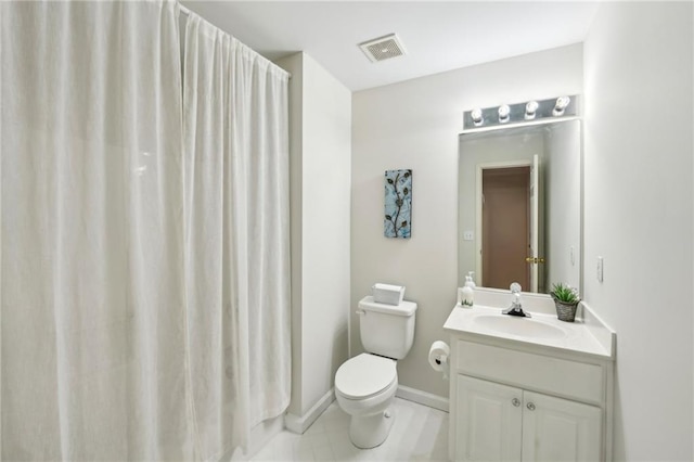 full bathroom with tile patterned floors, visible vents, toilet, baseboards, and vanity