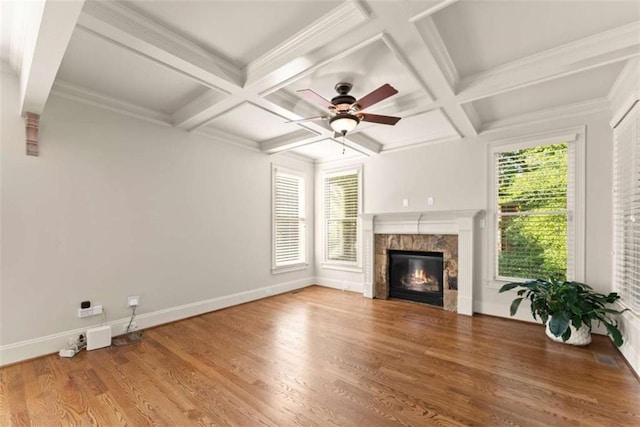 2539 Sagebrush Trl, Buford, GA 30519 - unfurnished living room with a tiled fireplace, coffered ceiling, a ceiling fan, wood finished floors, and beam ceiling