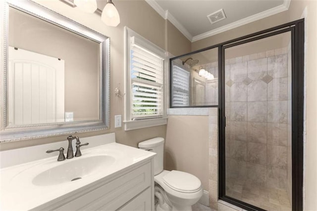 2539 Sagebrush Trl, Buford, GA 30519 - bathroom featuring a shower stall, vanity, and ornamental molding