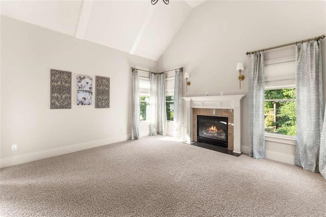 2539 Sagebrush Trl, Buford, GA 30519 - unfurnished living room with a fireplace, carpet flooring, and high vaulted ceiling