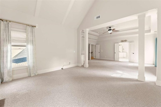 2539 Sagebrush Trl, Buford, GA 30519 - unfurnished living room with carpet floors, decorative columns, a ceiling fan, and high vaulted ceiling