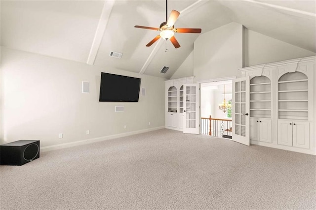 2539 Sagebrush Trl, Buford, GA 30519 - unfurnished living room with ceiling fan, carpet flooring, and high vaulted ceiling