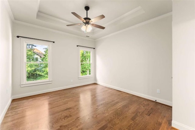 2539 Sagebrush Trl, Buford, GA 30519 - spare room with a tray ceiling, wood finished floors, a ceiling fan, and crown molding