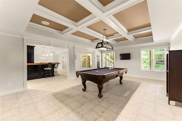 2539 Sagebrush Trl, Buford, GA 30519 - rec room featuring billiards, a bar, crown molding, coffered ceiling, and beamed ceiling