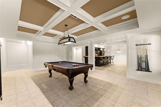 2539 Sagebrush Trl, Buford, GA 30519 - playroom featuring coffered ceiling, billiards, beam ceiling, and ornamental molding