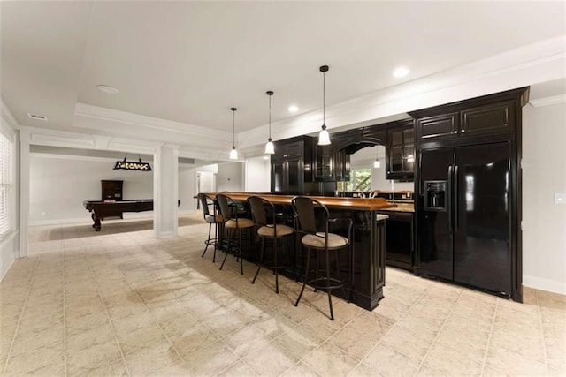 2539 Sagebrush Trl, Buford, GA 30519 - indoor bar featuring black fridge with ice dispenser, crown molding, billiards, a raised ceiling, and decorative light fixtures