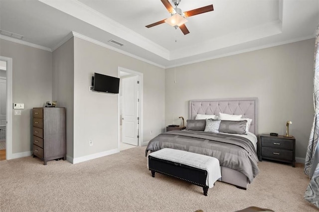 bedroom featuring ceiling fan, light carpet, and ornamental molding