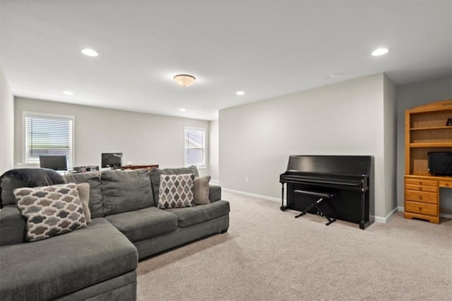 living room featuring light colored carpet