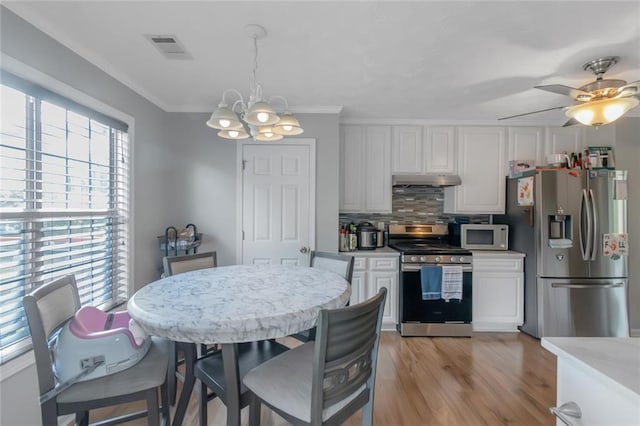 147 Midland Dr, Stockbridge, GA 30281 - kitchen featuring stainless steel appliances, white cabinets, a chandelier, light wood-style floors, and backsplash
